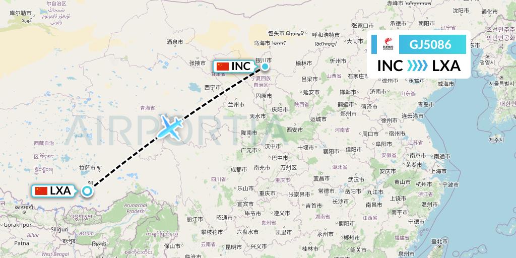 GJ5086 Loong Airlines Flight Map: Yinchuan to Lhasa