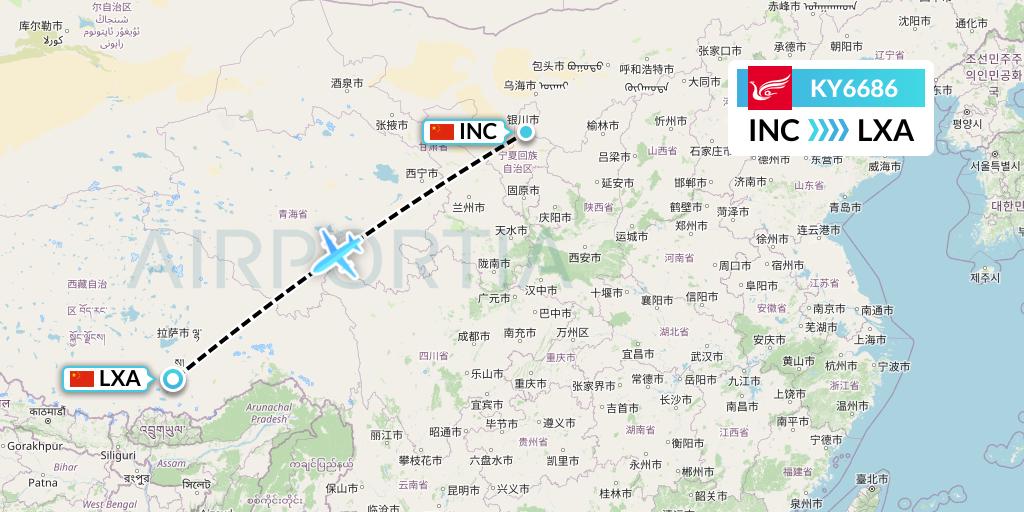 KY6686 Kunming Airlines Flight Map: Yinchuan to Lhasa