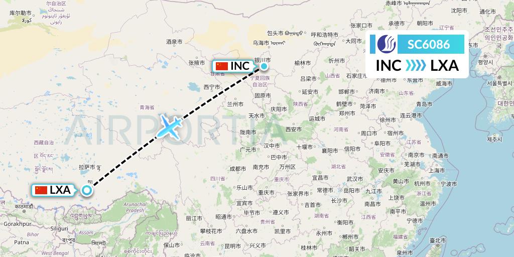 SC6086 Shandong Airlines Flight Map: Yinchuan to Lhasa