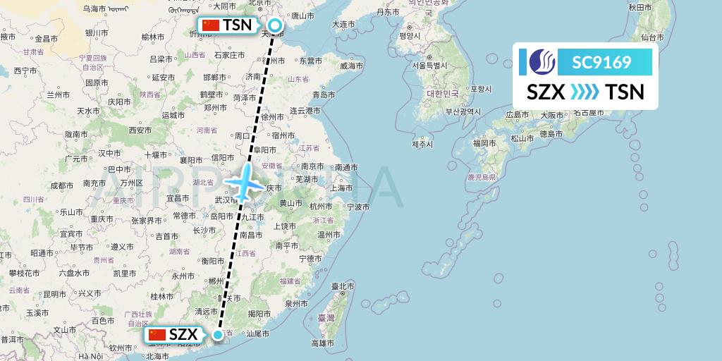 SC9169 Shandong Airlines Flight Map: Shenzhen to Tianjin