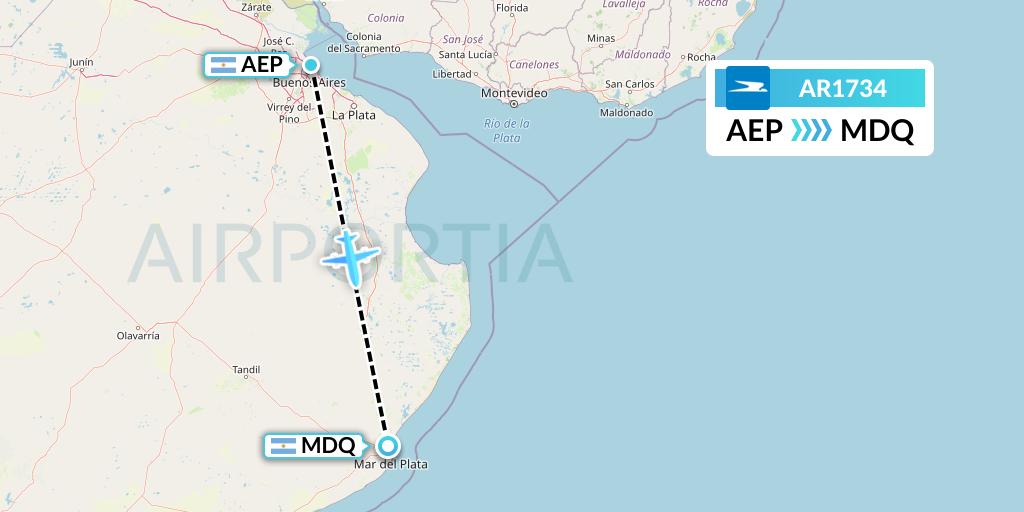 AR1734 Aerolineas Argentinas Flight Map: Buenos Aires to Mar del Plata