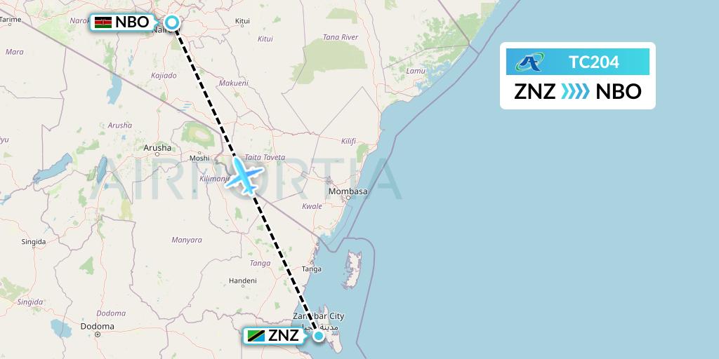TC204 Air Tanzania Flight Map: Zanzibar to Nairobi