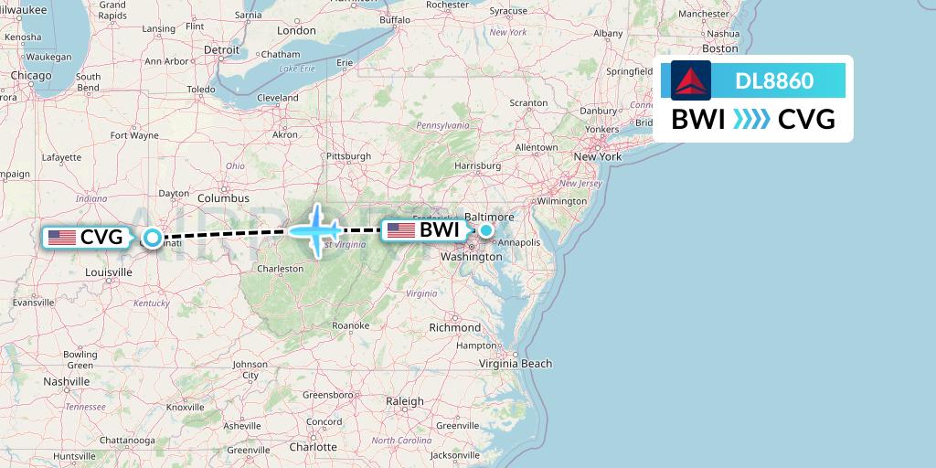 DL8860 Delta Air Lines Flight Map: Baltimore to Cincinnati