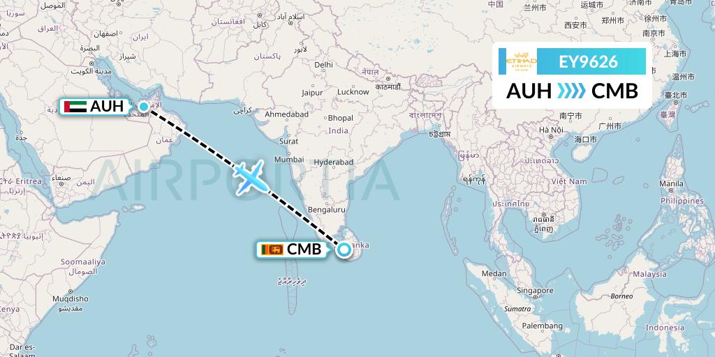 EY9626 Etihad Airways Flight Map: Abu Dhabi to Colombo