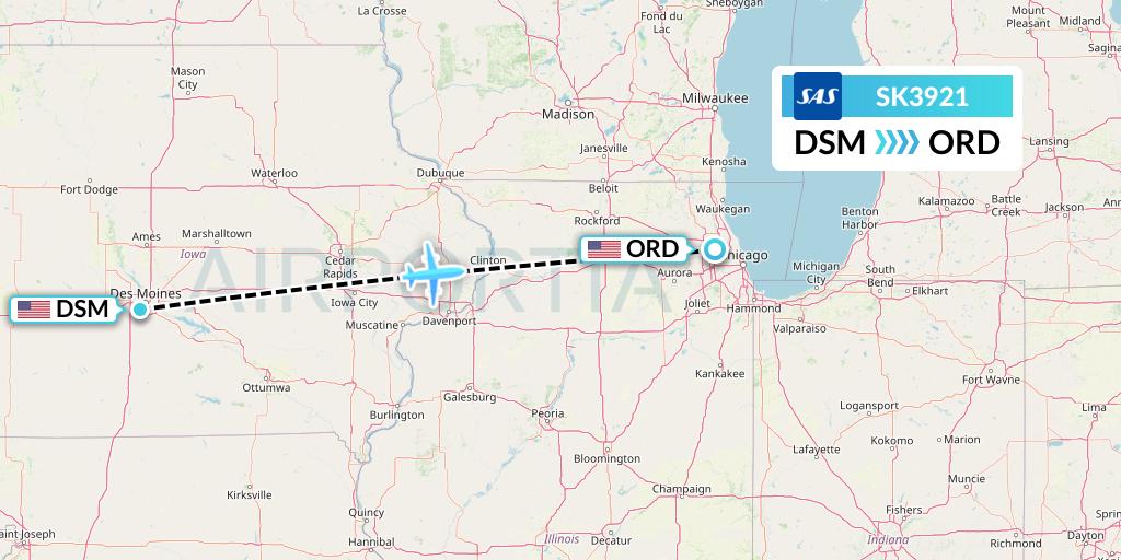 SK3921 SAS Flight Map: Des Moines to Chicago