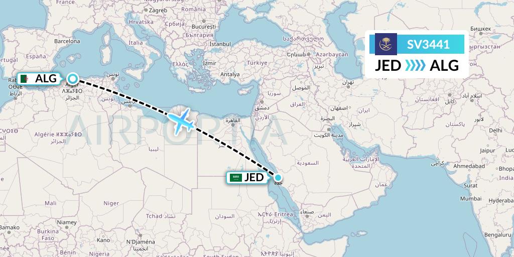 SV3441 Saudi Arabian Airlines Flight Map: Jeddah to Algiers