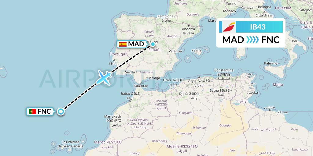 IB43 Iberia Flight Map: Madrid to Funchal
