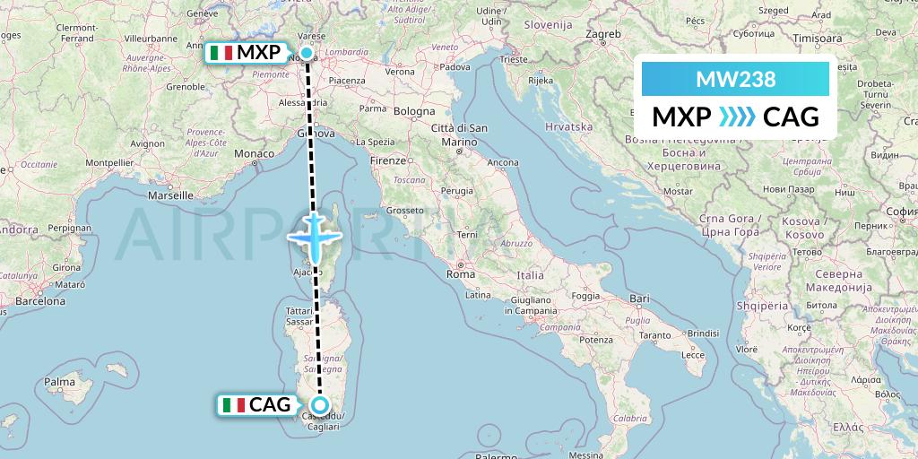 MW238 Mokulele Flight Service Flight Map: Milan to Cagliari