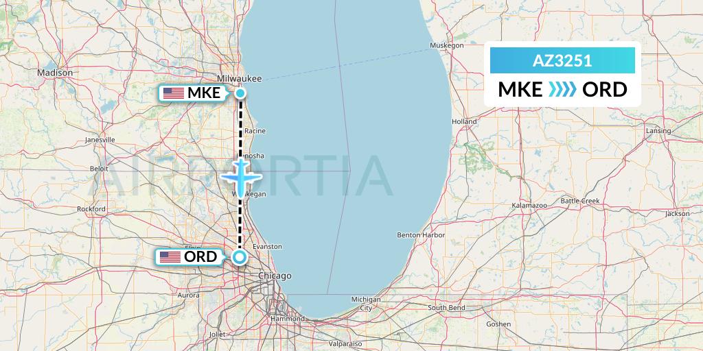 AZ3251 ITA Airways Flight Map: Milwaukee to Chicago