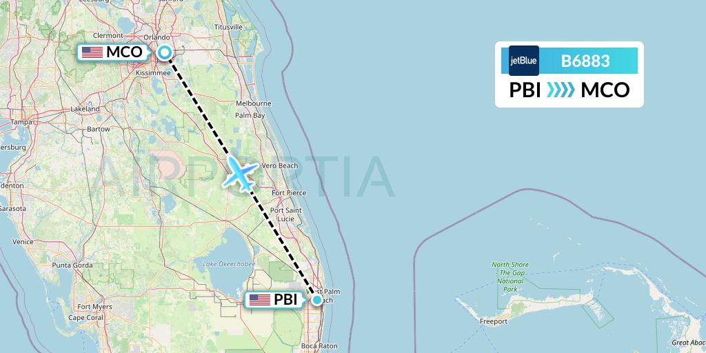 B6883 JetBlue Airways Flight Map: West Palm Beach to Orlando