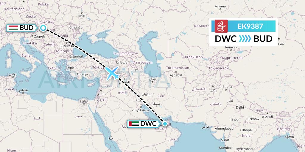 EK9387 Emirates Flight Map: Dubai to Budapest