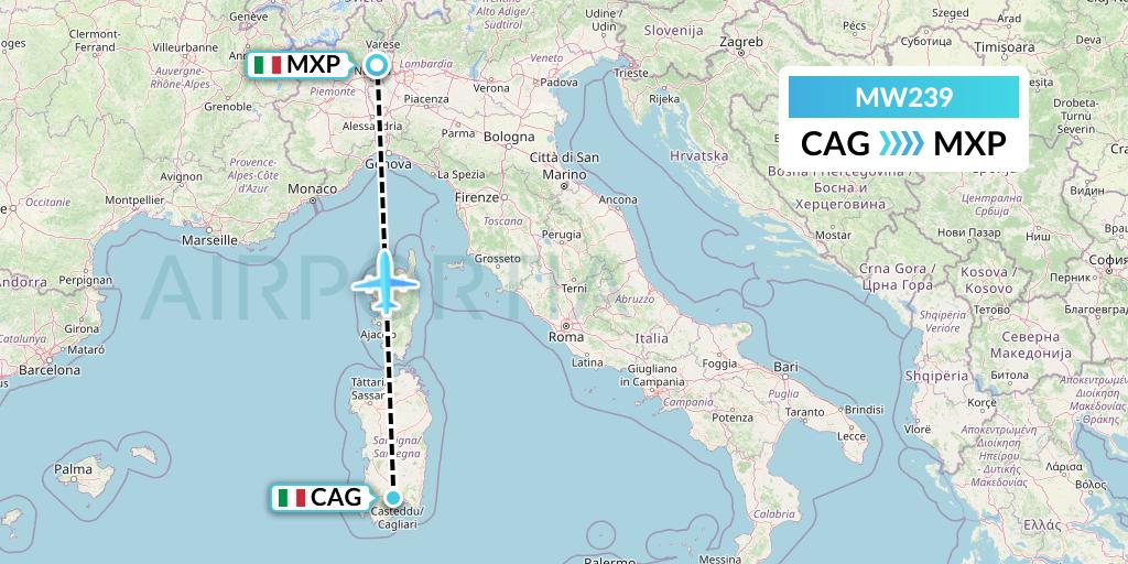 MW239 Mokulele Flight Service Flight Map: Cagliari to Milan