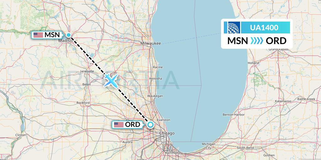 UA1400 United Airlines Flight Map: Madison to Chicago