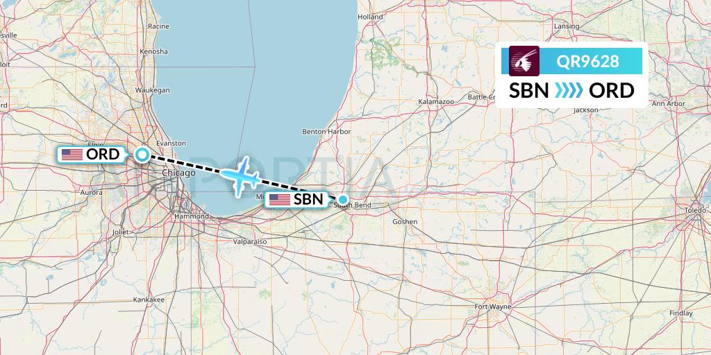 QR9628 Qatar Airways Flight Map: South Bend to Chicago