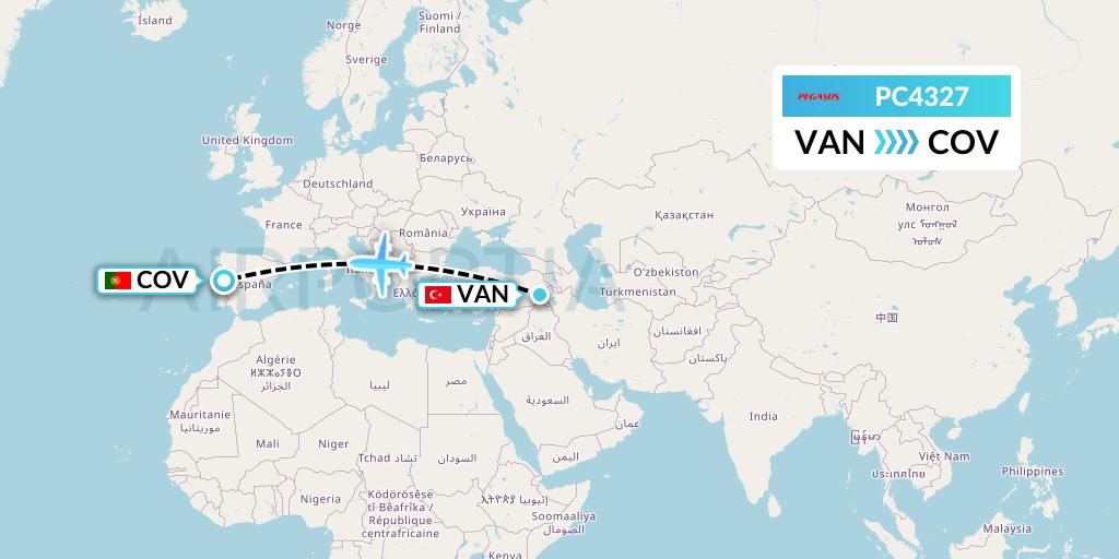 PC4327 Pegasus Airlines Flight Map: Van to Portugal