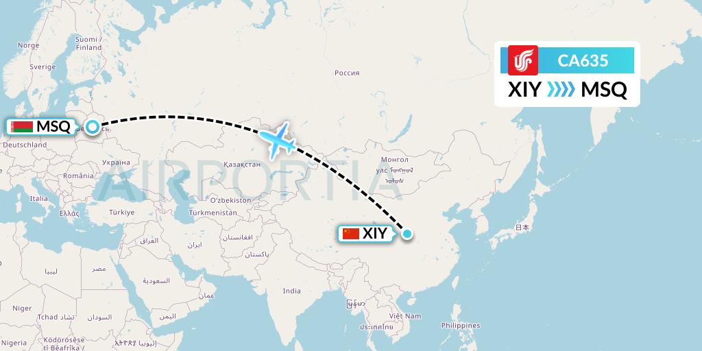 CA635 Air China Flight Map: Xi'an to Minsk