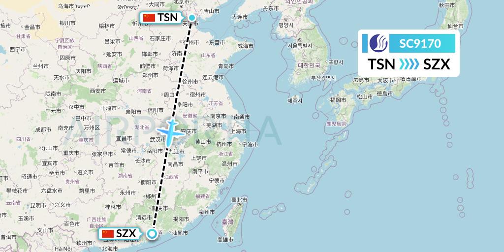 SC9170 Shandong Airlines Flight Map: Tianjin to Shenzhen