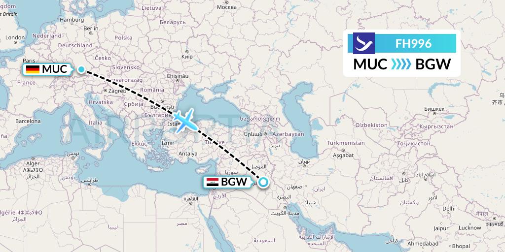 FH996 Freebird Airlines Flight Map: Munich to Baghdad