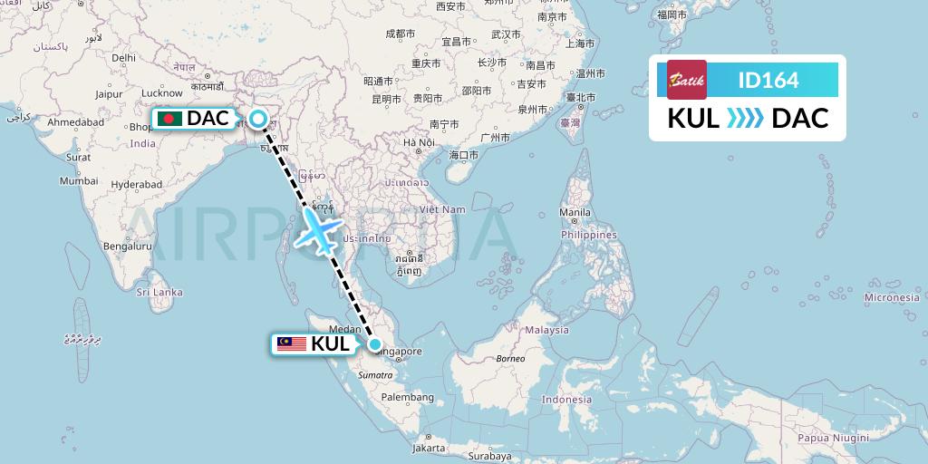 ID164 Batik Air Flight Map: Kuala Lumpur to Dhaka
