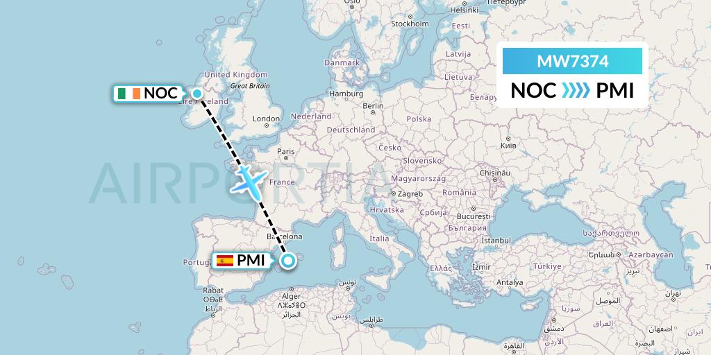 MW7374 Mokulele Flight Service Flight Map: Knock to Palma de Mallorca