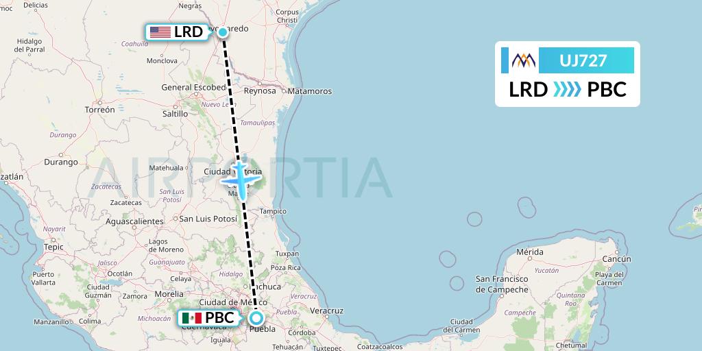 UJ727 AlMasria Universal Airlines Flight Map: Laredo to Puebla