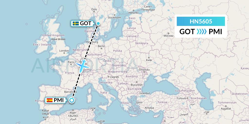 HN5605 Uab Heston Airlines Jsc Heston Airl Flight Map: Gothenburg to Palma de Mallorca
