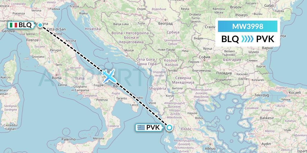MW3998 Mokulele Flight Service Flight Map: Bologna to Preveza