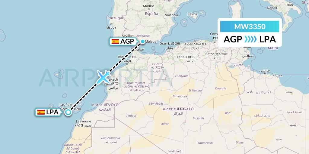 MW3350 Mokulele Flight Service Flight Map: Malaga to Las Palmas