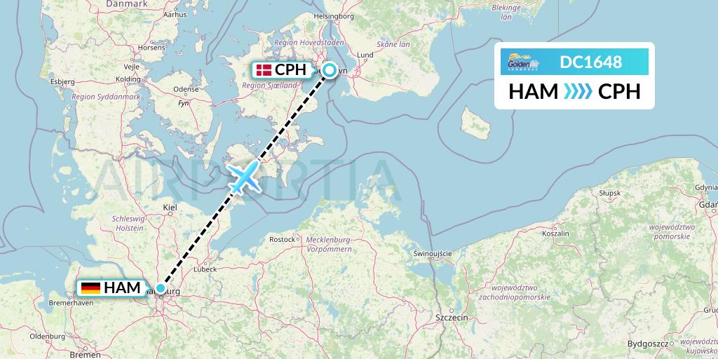 DC1648 Braathens Regional Flight Map: Hamburg to Copenhagen