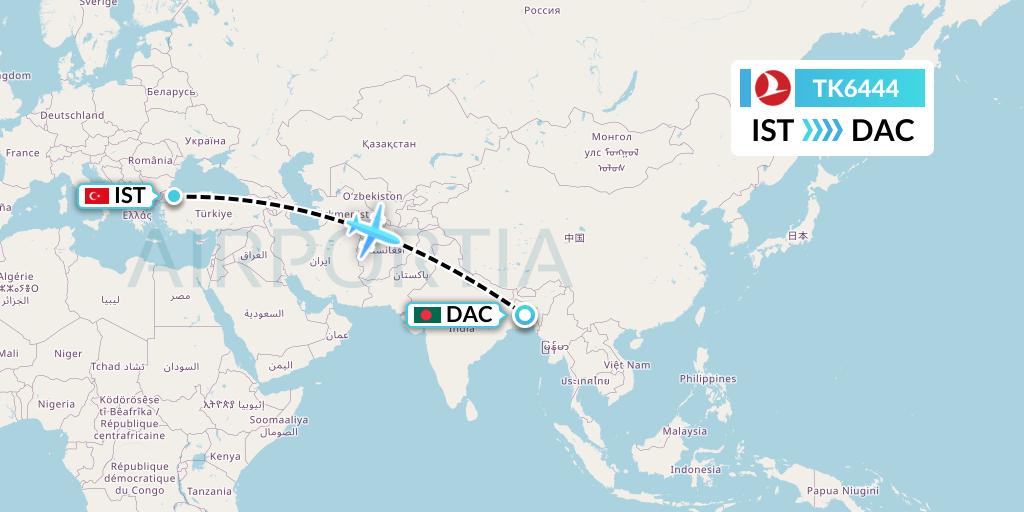 TK6444 Turkish Airlines Flight Map: Istanbul to Dhaka