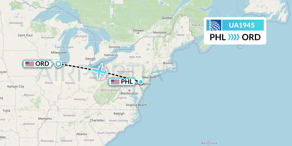 UA1945 United Airlines Flight Map: Philadelphia to Chicago