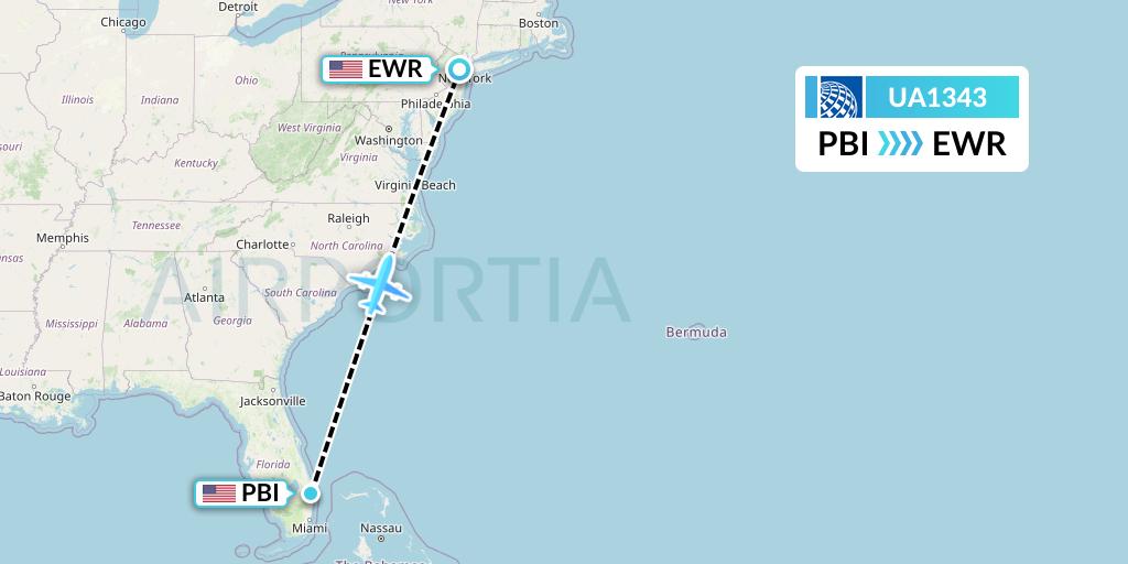 UA1343 United Airlines Flight Map: West Palm Beach to New York