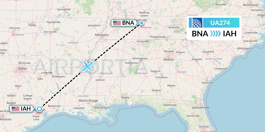 UA274 United Airlines Flight Map: Nashville to Houston