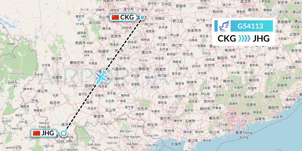 G54113 China Express Airlines Flight Map: Chongqing to Jinghong