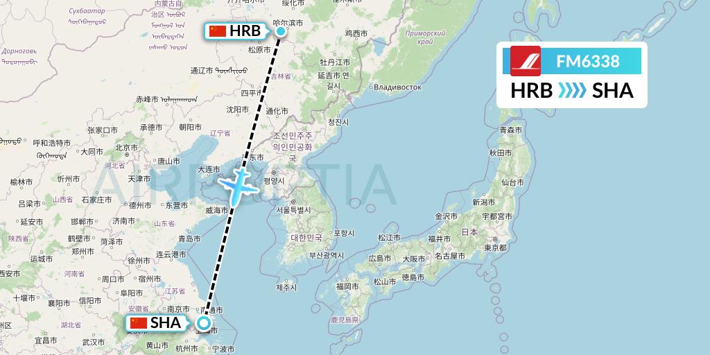 FM6338 Shanghai Airlines Flight Map: Harbin to Shanghai