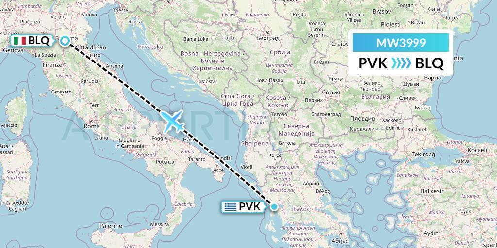 MW3999 Mokulele Flight Service Flight Map: Preveza to Bologna
