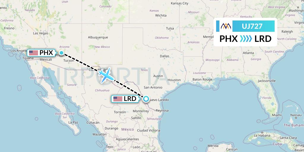 UJ727 AlMasria Universal Airlines Flight Map: Phoenix to Laredo