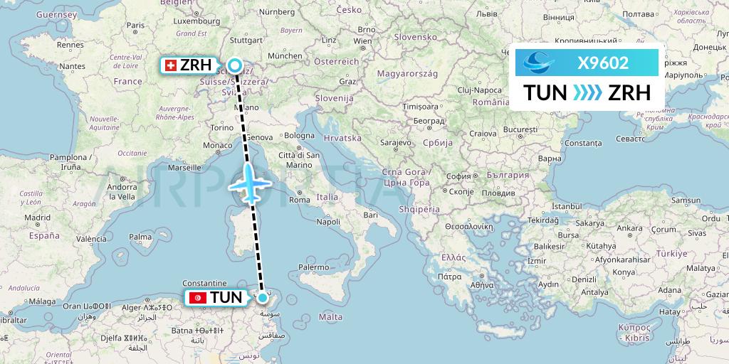 X9602 Avion Express Flight Map: Tunis to Zurich