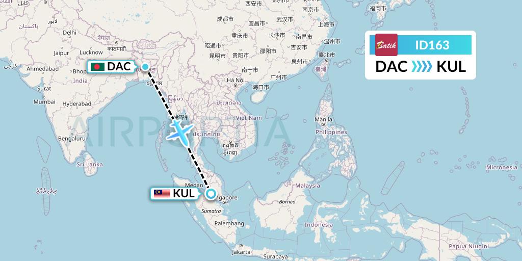 ID163 Batik Air Flight Map: Dhaka to Kuala Lumpur