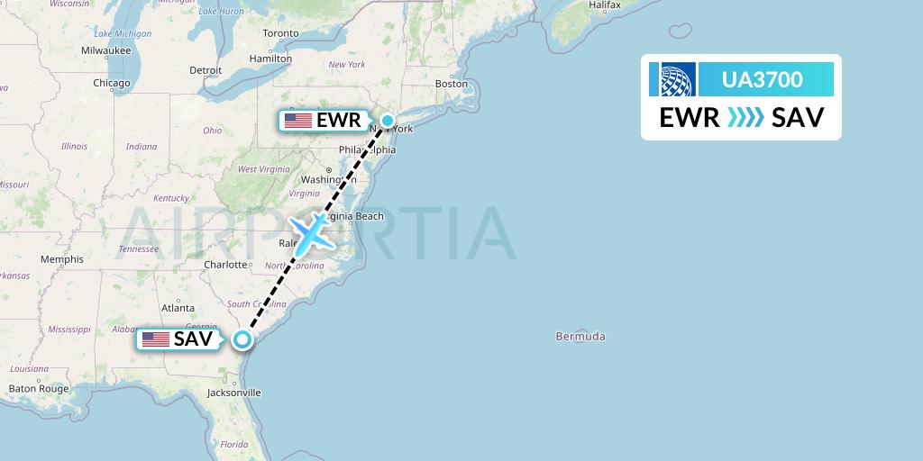 UA3700 United Airlines Flight Map: New York to Savannah