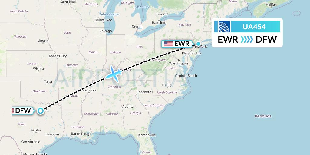 UA454 United Airlines Flight Map: New York to Dallas