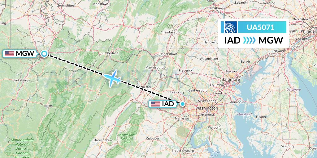 UA5071 United Airlines Flight Map: Washington to Morgantown