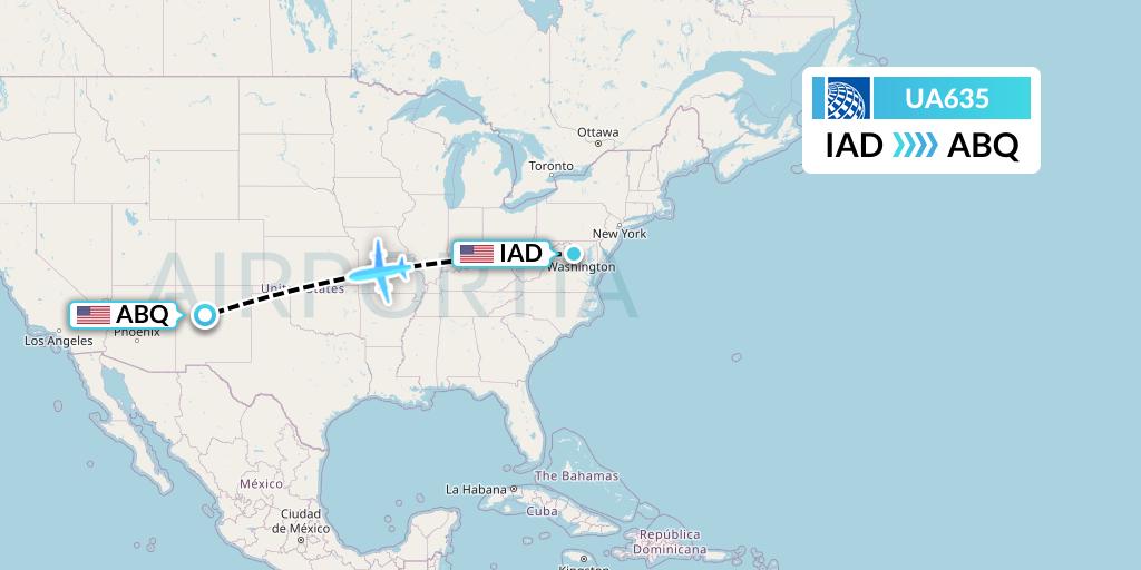 UA635 United Airlines Flight Map: Washington to Albuquerque