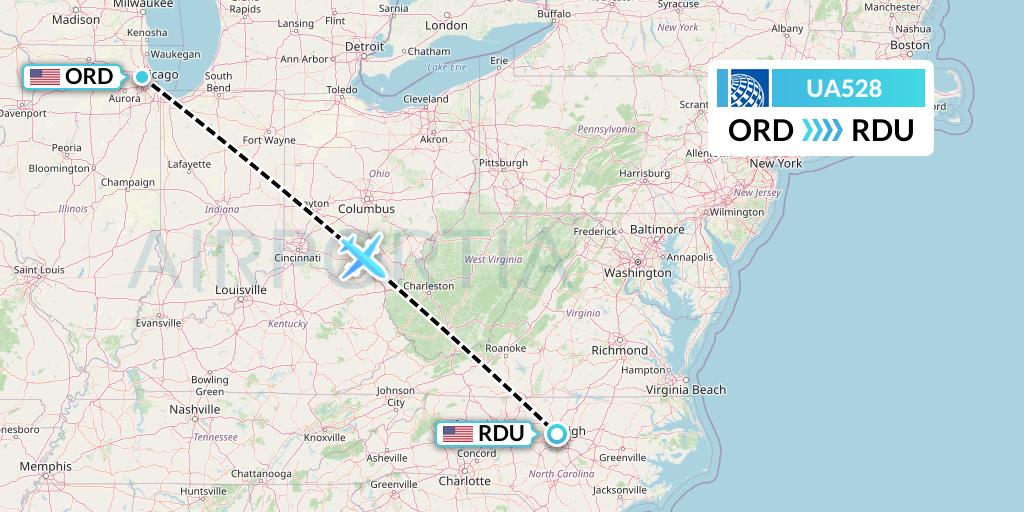 UA528 United Airlines Flight Map: Chicago to Raleigh-Durham