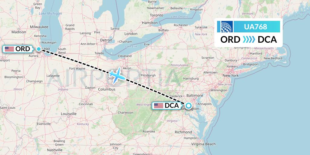 UA768 United Airlines Flight Map: Chicago to Washington