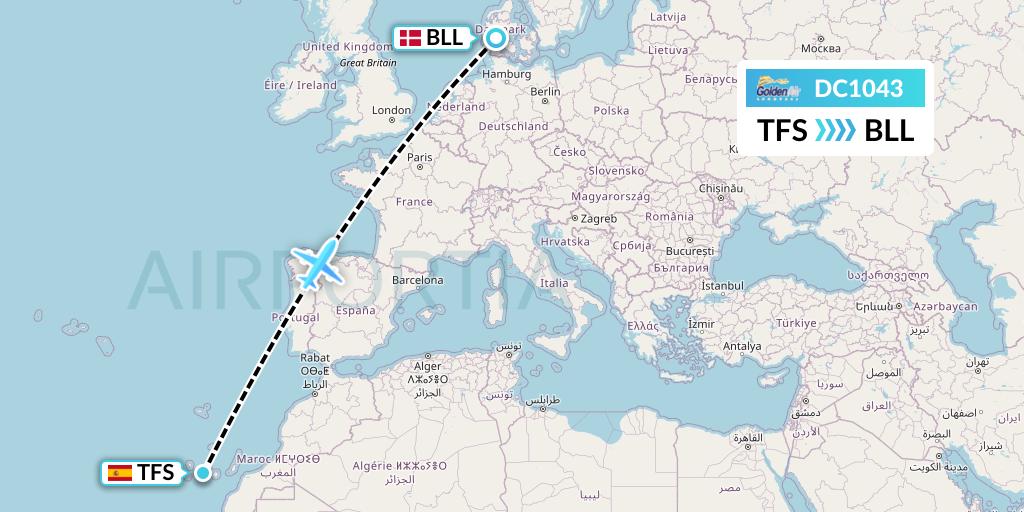 DC1043 Braathens Regional Flight Map: Tenerife to Billund