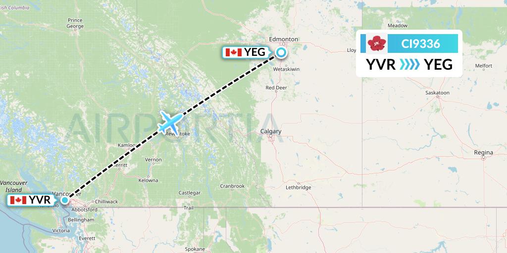 CI9336 China Airlines Flight Map: Vancouver to Edmonton