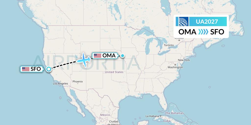 UA2027 United Airlines Flight Map: Omaha to San Francisco