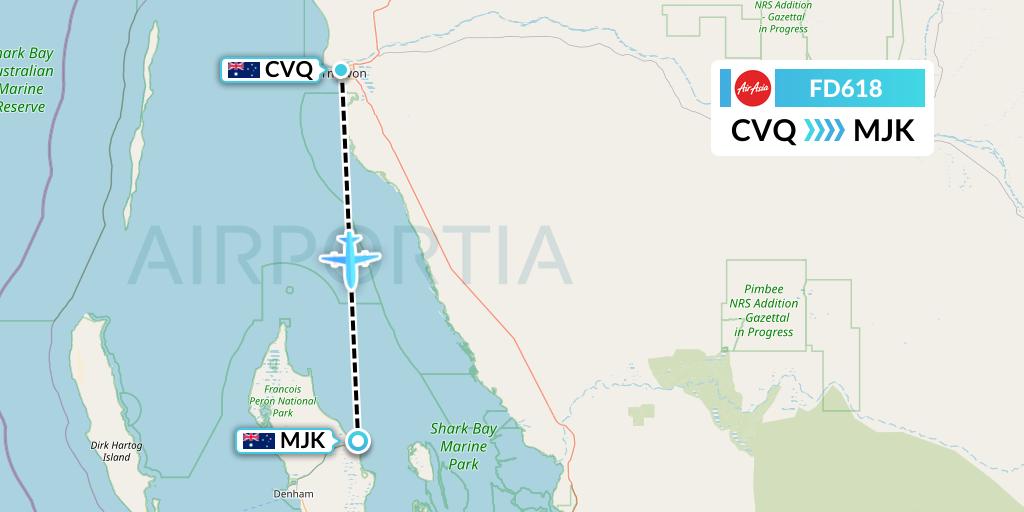 FD618 Thai AirAsia Flight Map: Carnarvon to Monkey Mia