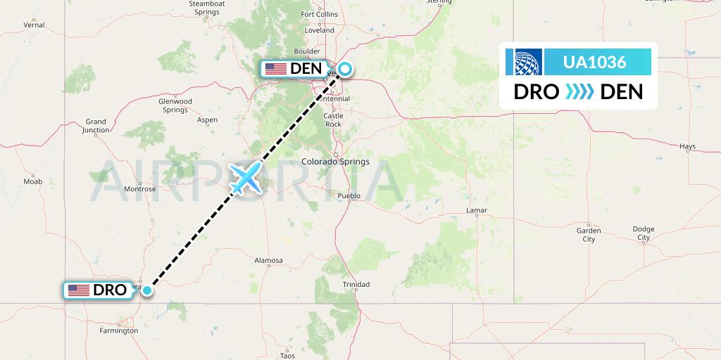 UA1036 United Airlines Flight Map: Durango to Denver